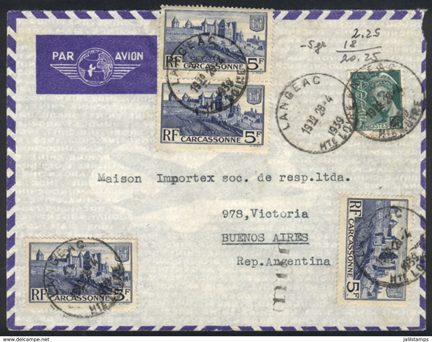 FRANCE: Airmail Cover Sent From Langeac To Buenos Aires On 28/AP/1939 Franked With 20.25Fr., VF Quality! - Sonstige & Ohne Zuordnung