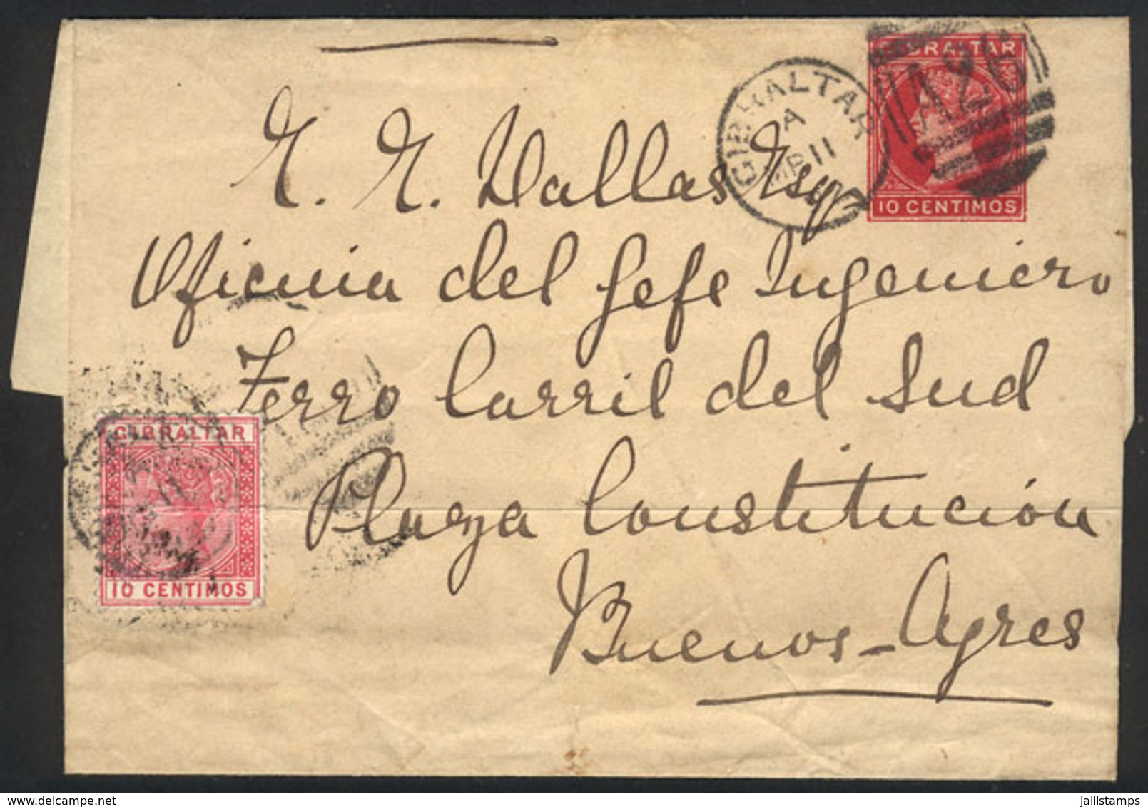 GIBRALTAR: 10c. Wrapper Uprated With 10c., Sent To Buenos Aires On 11/MAR/1892, Fine Quality, Rare Destination! - Gibraltar