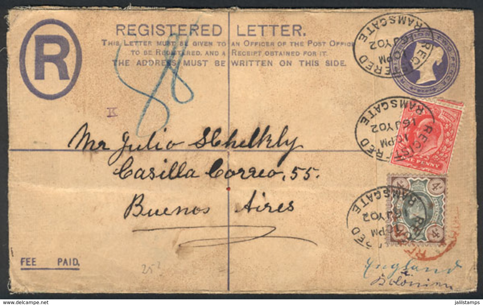 GREAT BRITAIN: Registered Cover Sent From Ramsgate To Buenos Aires On 16/JUL/1902, VF Quality! - Otros & Sin Clasificación