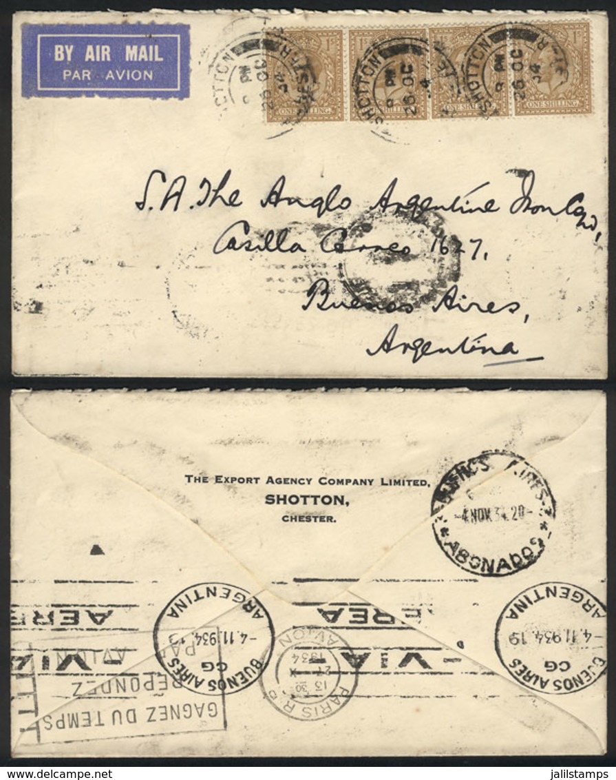 GREAT BRITAIN: Airmail Cover Sent From Shotton To Buenos Aires On 26/OC/1934 By Air France, Transit Backstamp Of Paris,  - Altri & Non Classificati