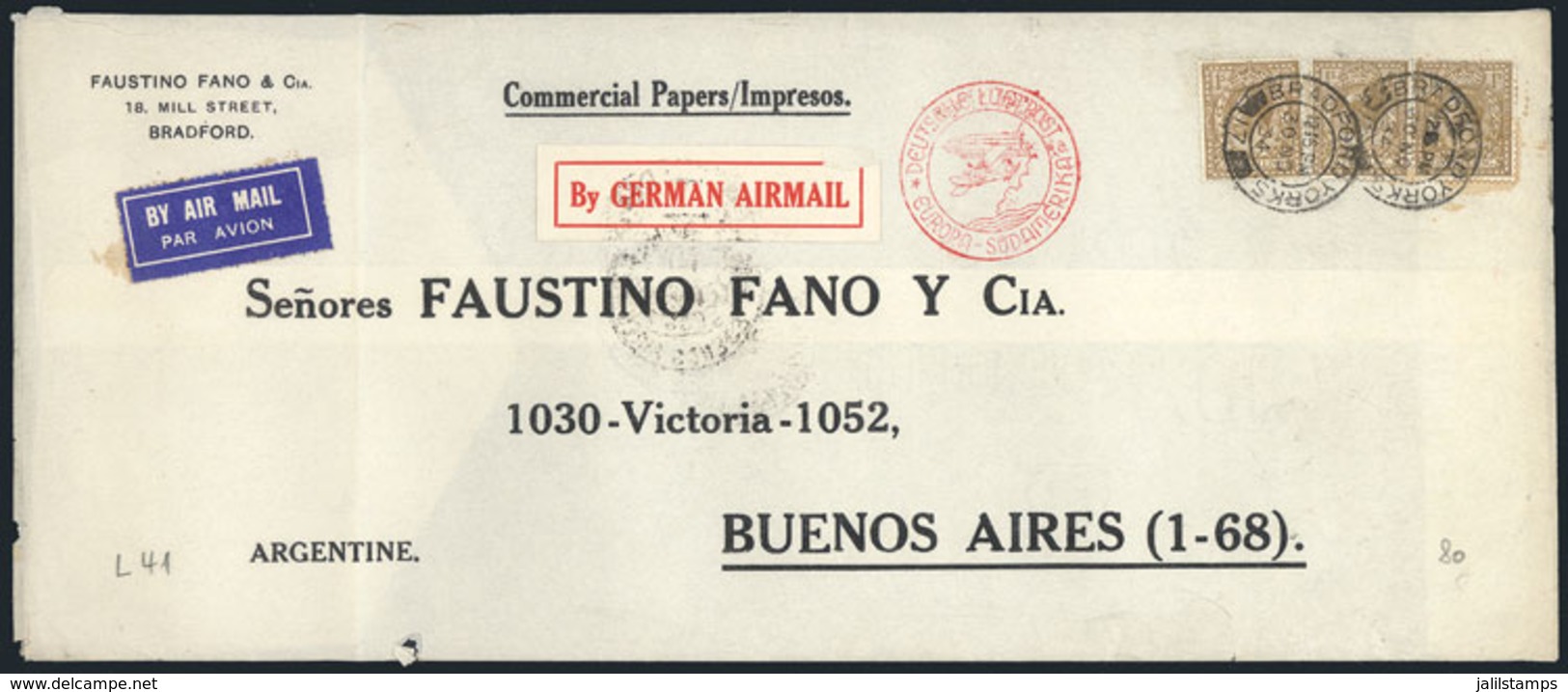 GREAT BRITAIN: Airmail Cover Sent From Bradford To Buenos Aires On 30/NO/1934 By Germany DLH, VF Quality! - Other & Unclassified