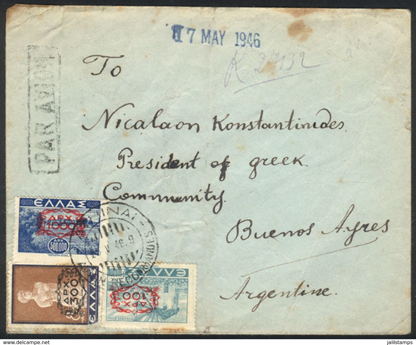 GREECE: Registered Airmail Cover Sent From Athens To Buenos Aires On 15/MAY/1946, Interesting! - Altri & Non Classificati