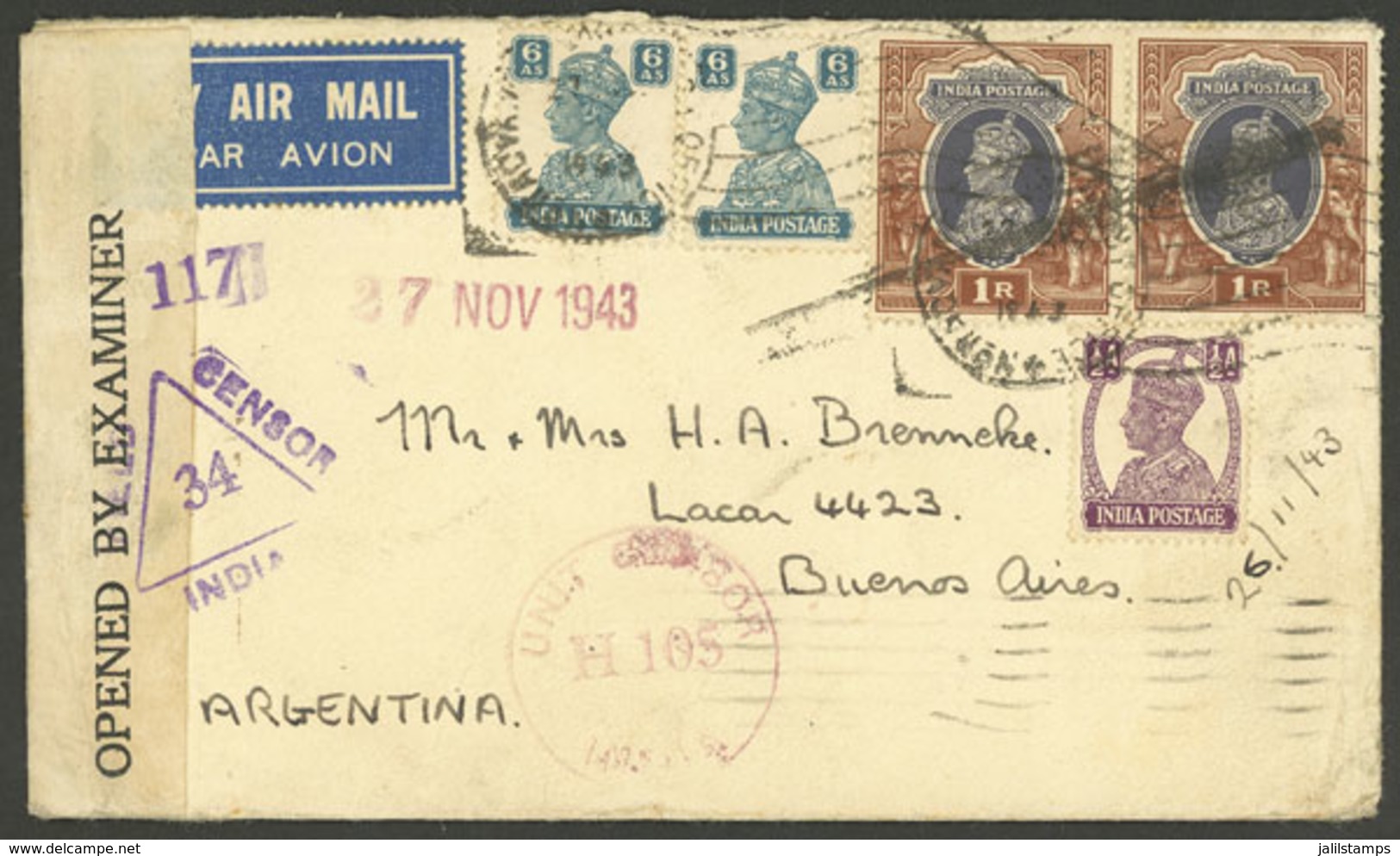 INDIA: Airmail Cover Sent On 26/NO/1943 By An Officer At The War Front To Argentina, Censored, With Arrival Backstamp Of - Autres & Non Classés