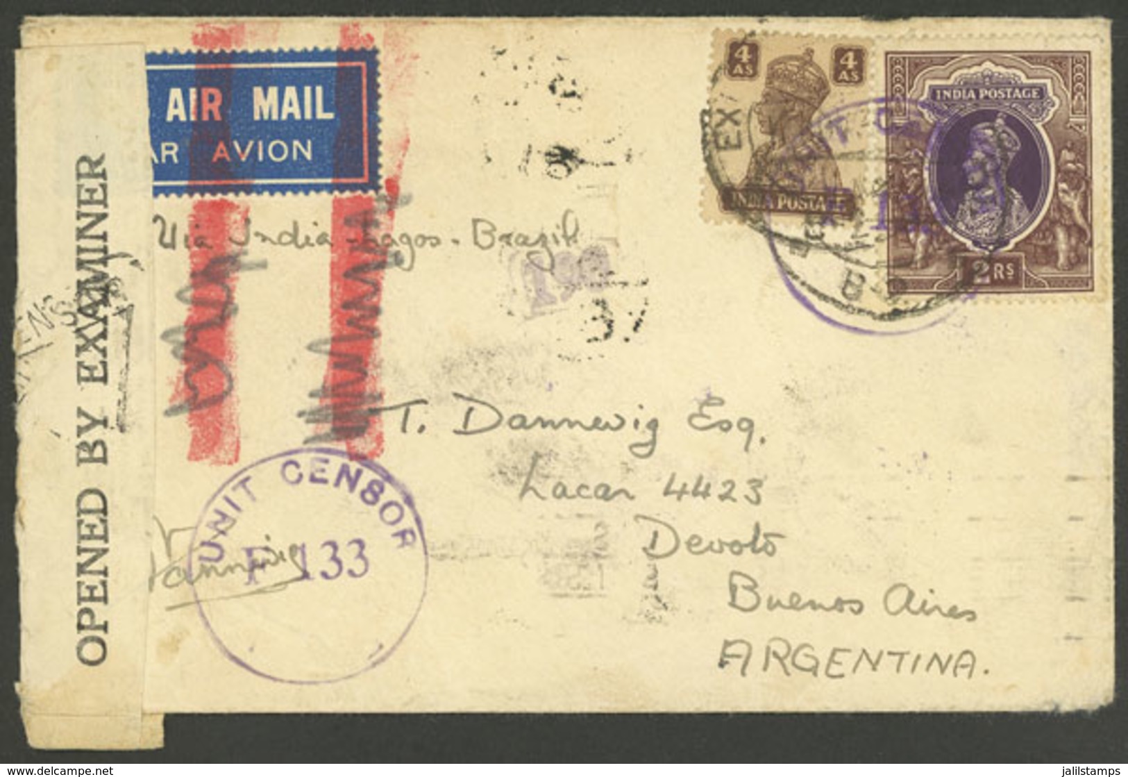 INDIA: Airmail Cover Sent In 1944 By An Officer At The War Front To Argentina, Censored, With Arrival Backstamp Of Bueno - Other & Unclassified