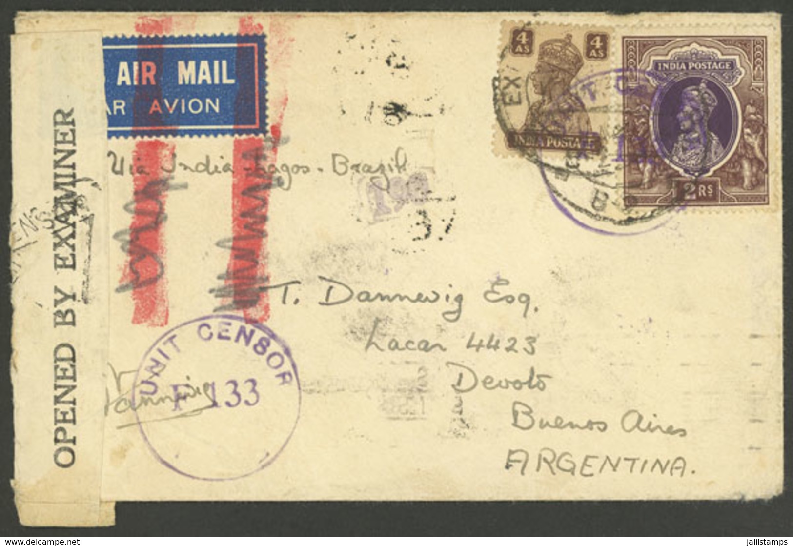 INDIA: Airmail Cover Sent In 1944 By An Officer At The War Front To Argentina, Censored, With Arrival Backstamp Of Bueno - Altri & Non Classificati