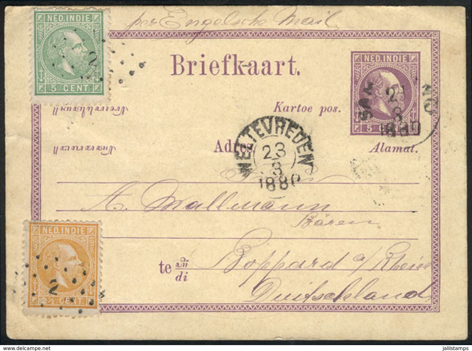 NETHERLANDS INDIES: 5c. Postal Card Uprated With 2½c. + 5c. (total Postage 12½c.), Sent From SAMARANG To Boppard (German - Netherlands Indies