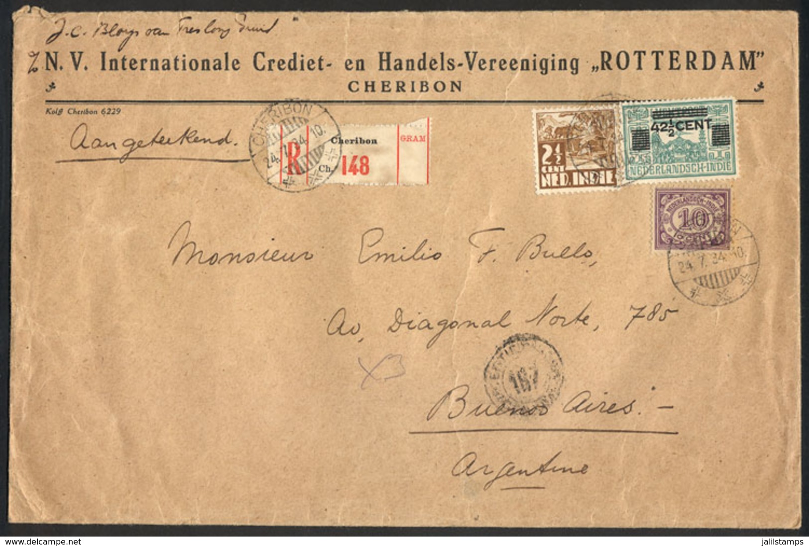 NETHERLANDS INDIES: Registered Cover Sent From Cheribon To Buenos Aires On 24/JUL/1934 Franked With 55c., Unusual Destin - Niederländisch-Indien