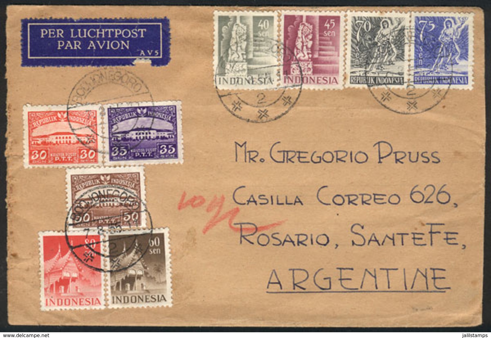 INDONESIA: Airmail Cover Sent From Bodjonegoro To Rosario On 7/AU/1955 With Nice Multicolored Postage, VF Quality! - Indonesien