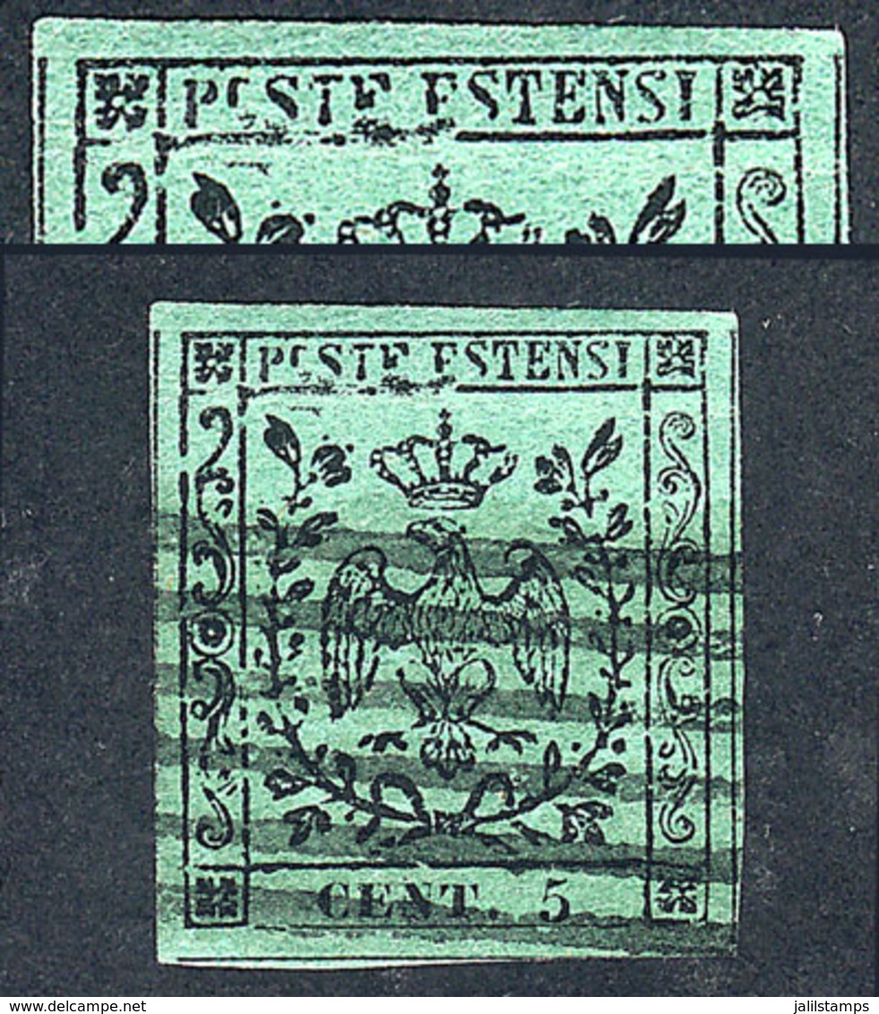 ITALY: Sc.1, 1852/7 5c. Black On Green With VARIETY: "Retouch On POSTE ESTENSI And The Line Below Those Letters", Excell - Modena