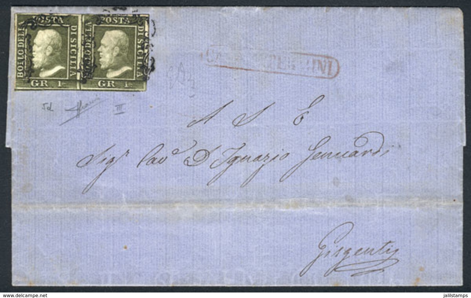 ITALY: Complete Folded Letter Dated Casteltermini 31/AU/1859, Franked With Sc.12 Pair (1Gr. Olive Green) Of Good Margins - Sizilien