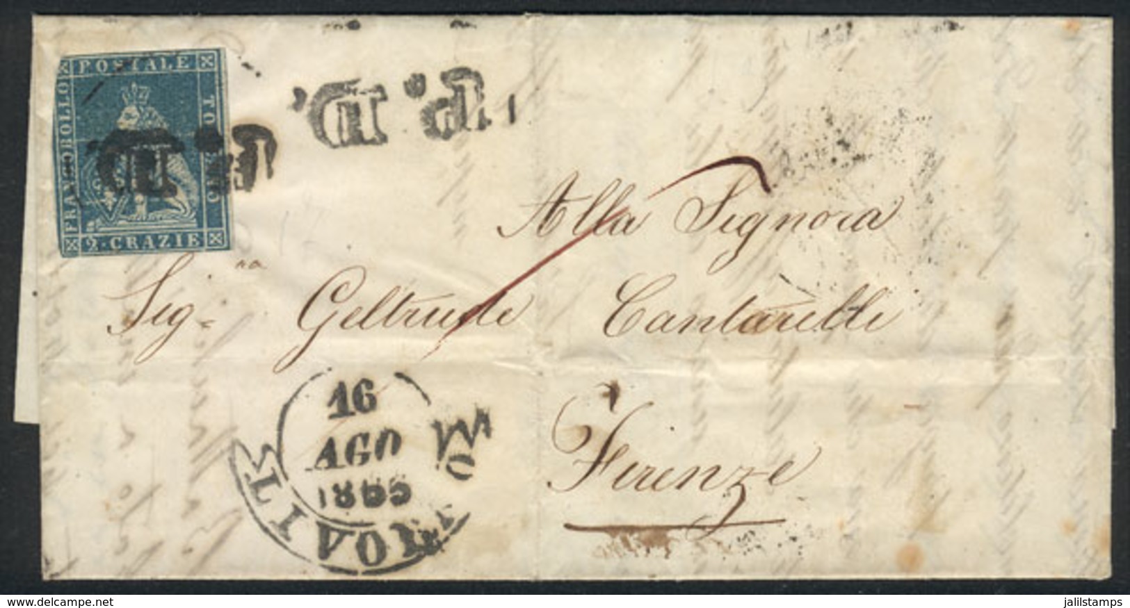 ITALY: Sc.5 (Sassone 5) With Short Margins, On A Folded Cover Sent From Livorno To Firenze On 16/AU/1855, Very Nice, Sco - Toscane