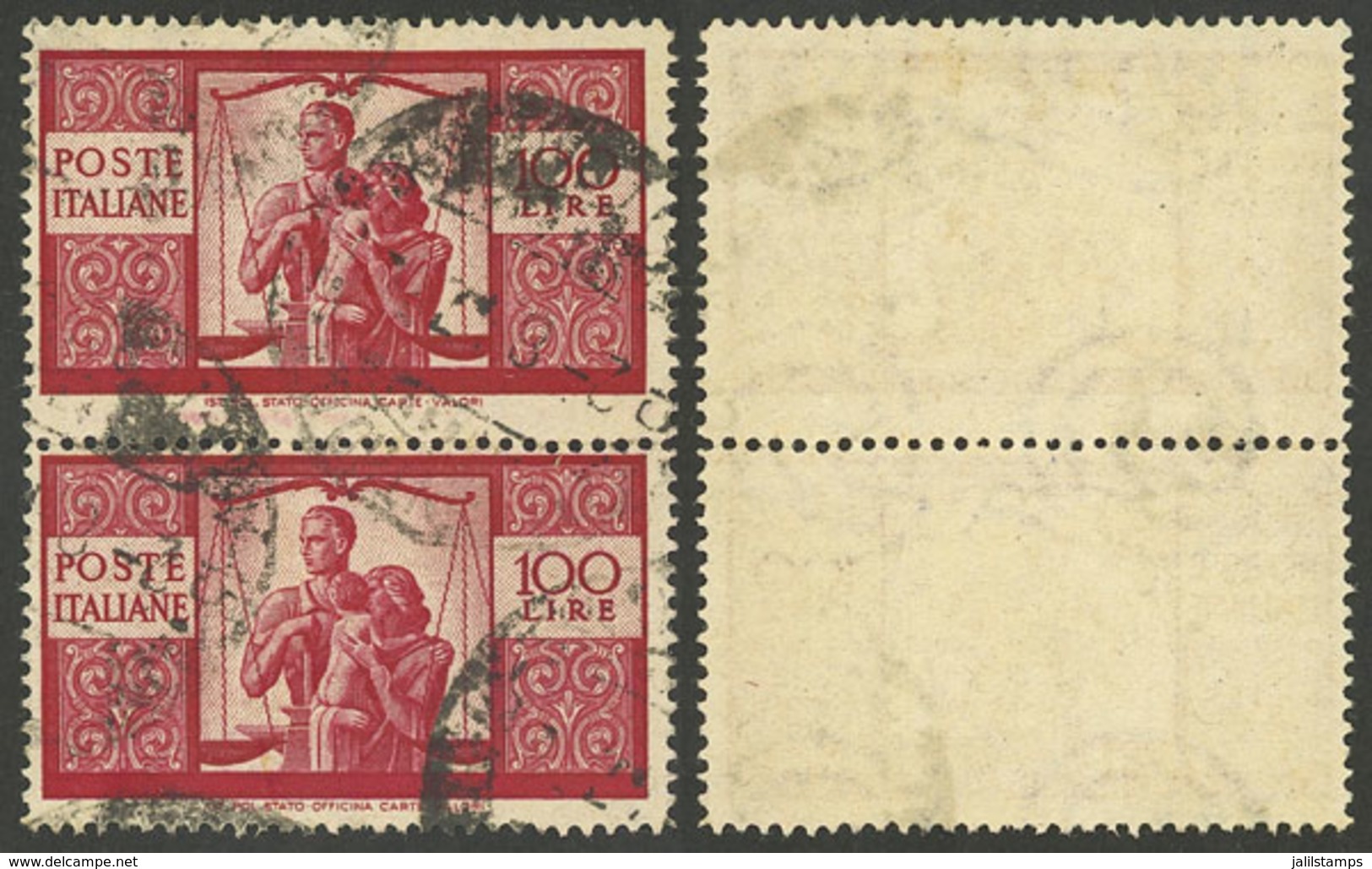 ITALY: Yvert 503, 1945 100L. Democratica, Vertical Pair With VARIETY: "Shifted Horizontal Perforation", The Top Stamp Is - Sin Clasificación