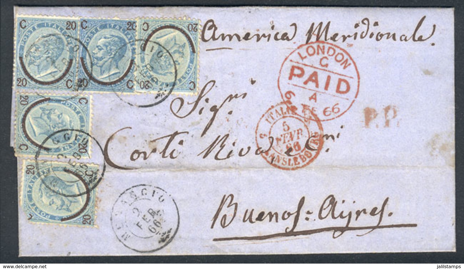 ITALY: 2/FE/1866 MENAGGIO - Argentina: Entire Letter Franked By Sc.34b (Sa.23) X5, Datestamp Of Menaggio, Sent By Englis - Non Classificati