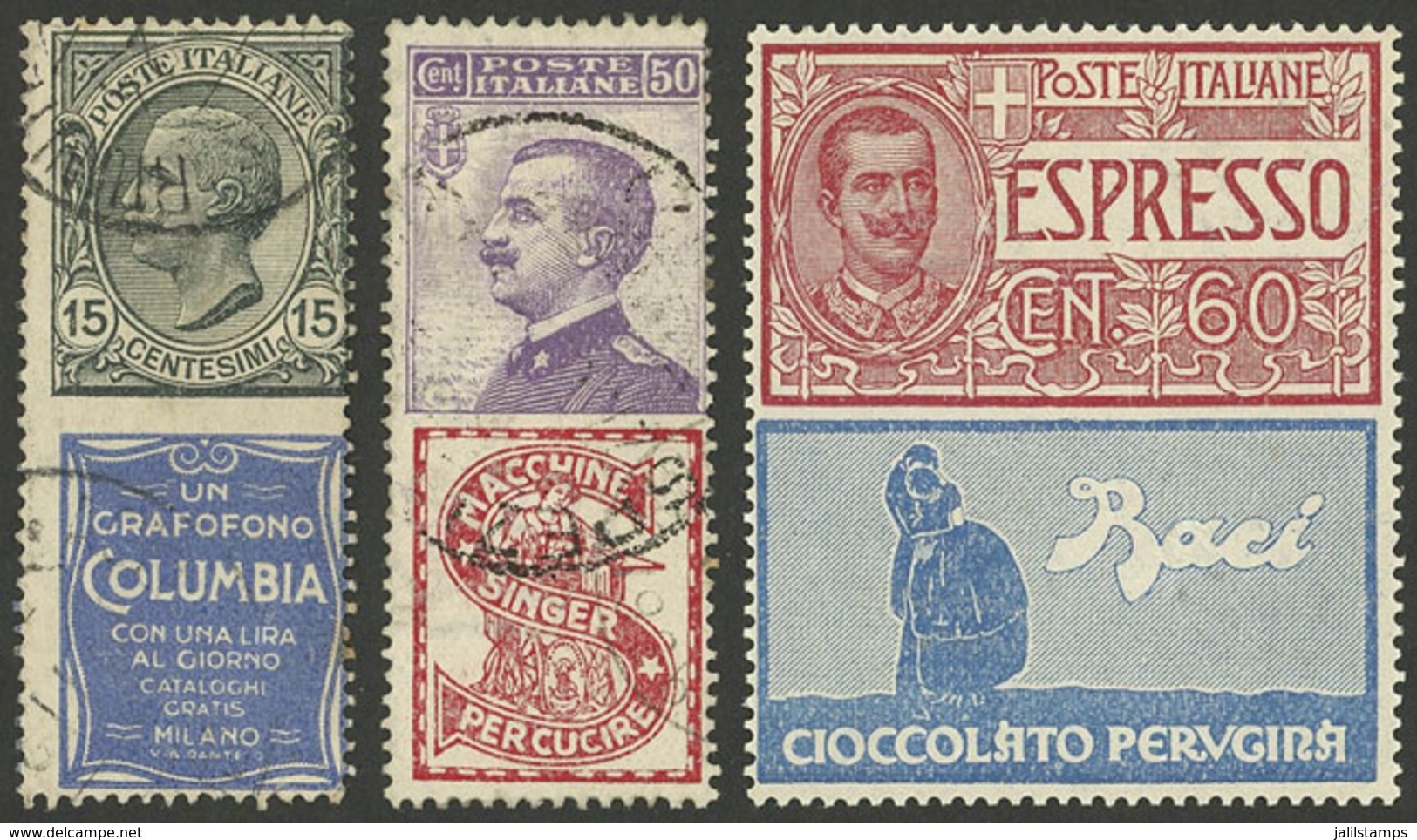 ITALY: 3 Stamps With ADVERTISING Tabs, One Mint With Tiny Hinge Mark And 2 Used, Very Fine Quality! - Collections