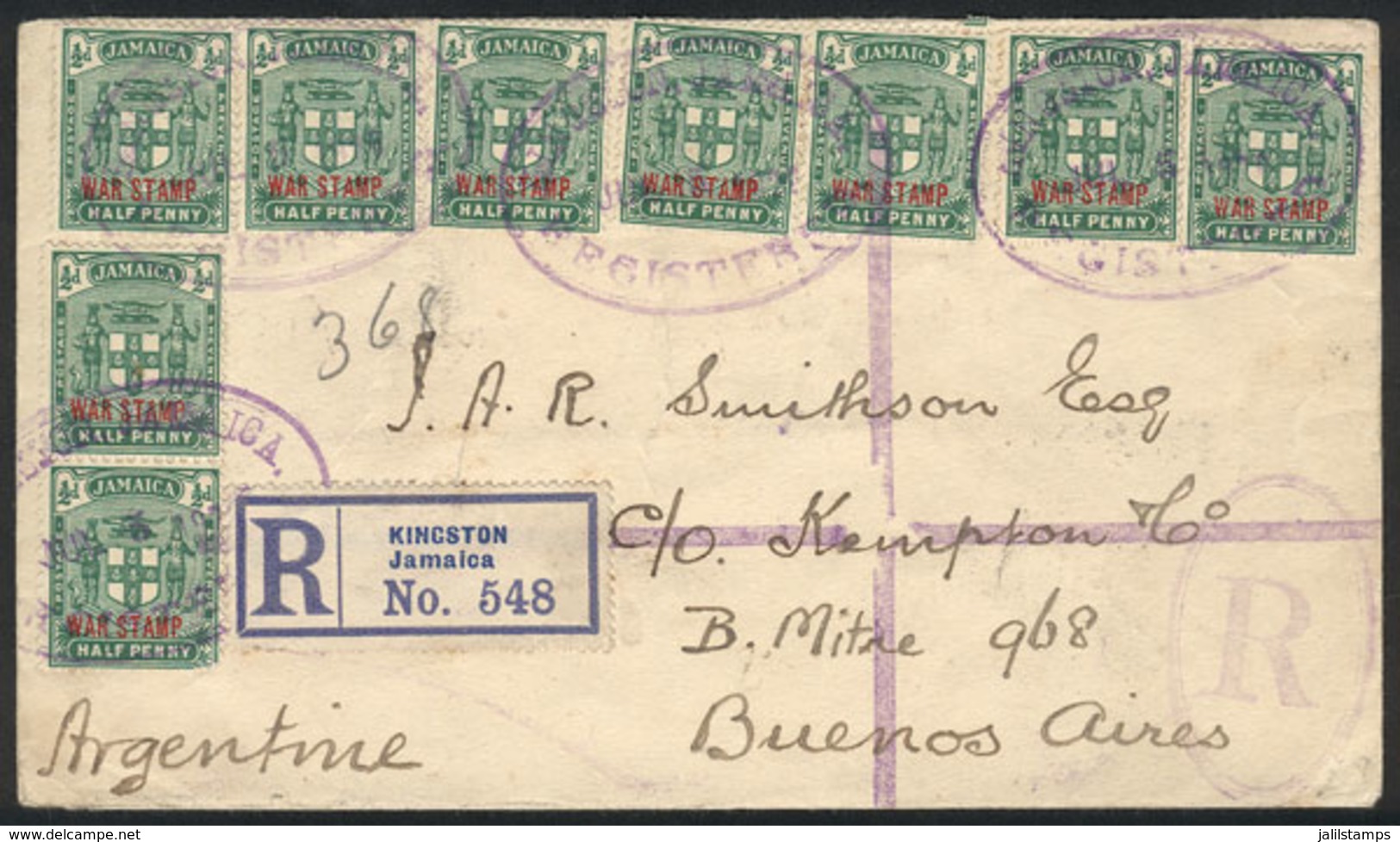 JAMAICA: Registered Cover Sent From Kingston To Buenos Aires On 5/JUL/1920 Franked With 4½p (Sc.MR10 X9), Transit Backst - Jamaica (1962-...)