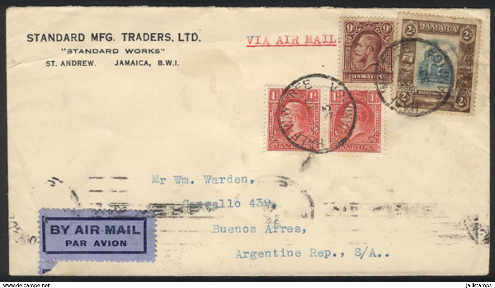 JAMAICA: Airmail Cover Sent From HALF WAY TREE To Buenos Aires On 13/SE/1933, VF Quality! - Jamaica (1962-...)