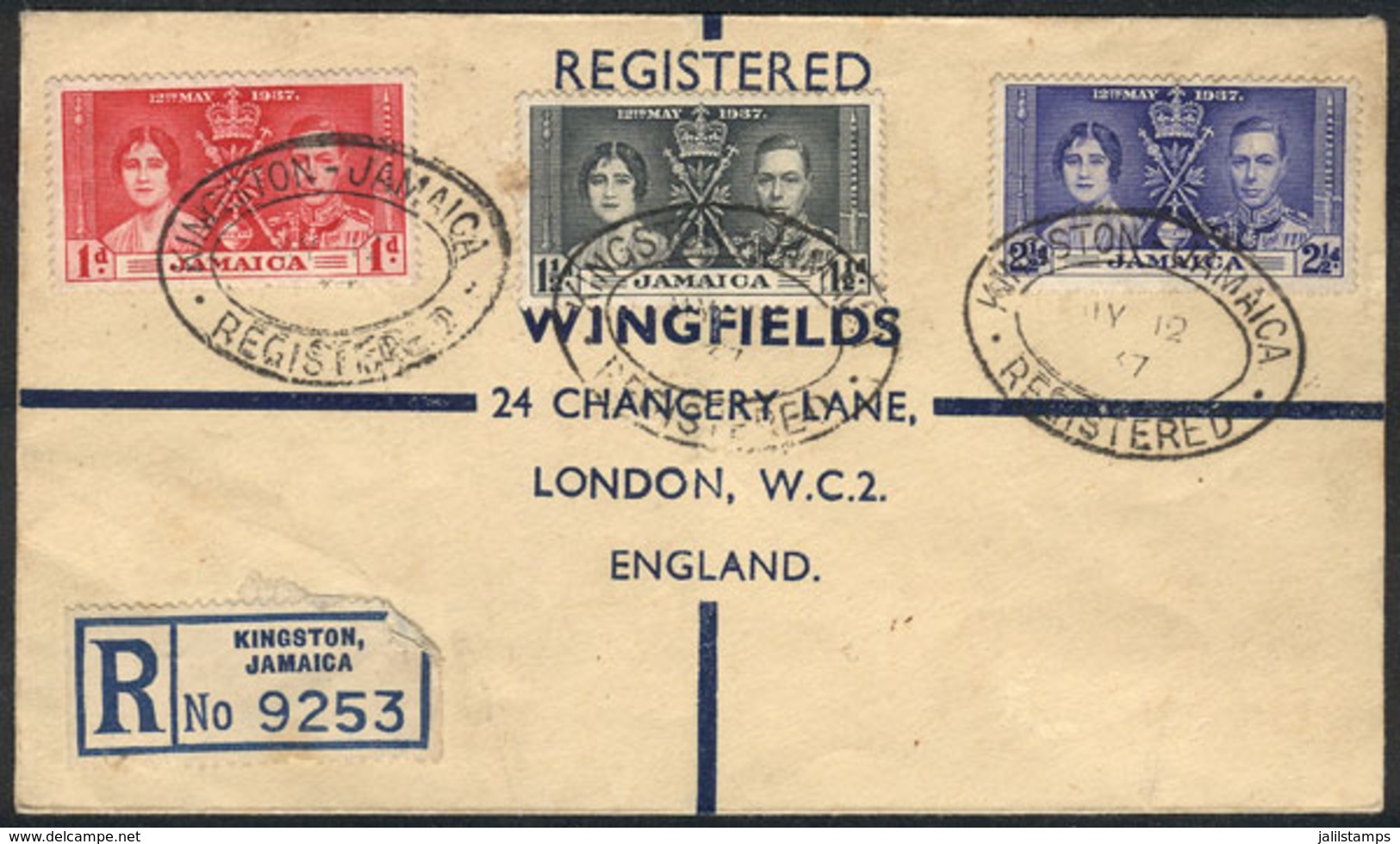 JAMAICA: Registered Cover Franked With The Coronation Issue Of 1937, Sent To England On 12/MAY/1937 (first Day Of Issue) - Jamaica (1962-...)