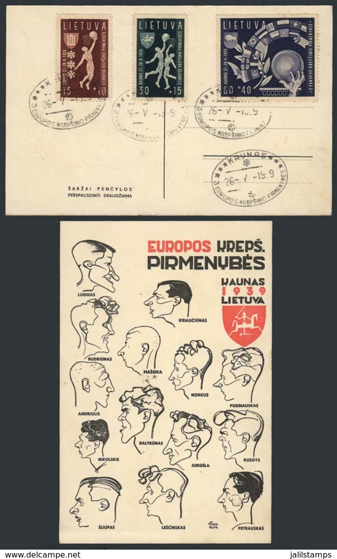 LITHUANIA: 1939 European Basketball Championship, Sc.B52/54 On A Special Postcard Illustrated With Caricatures Of The Li - Litauen