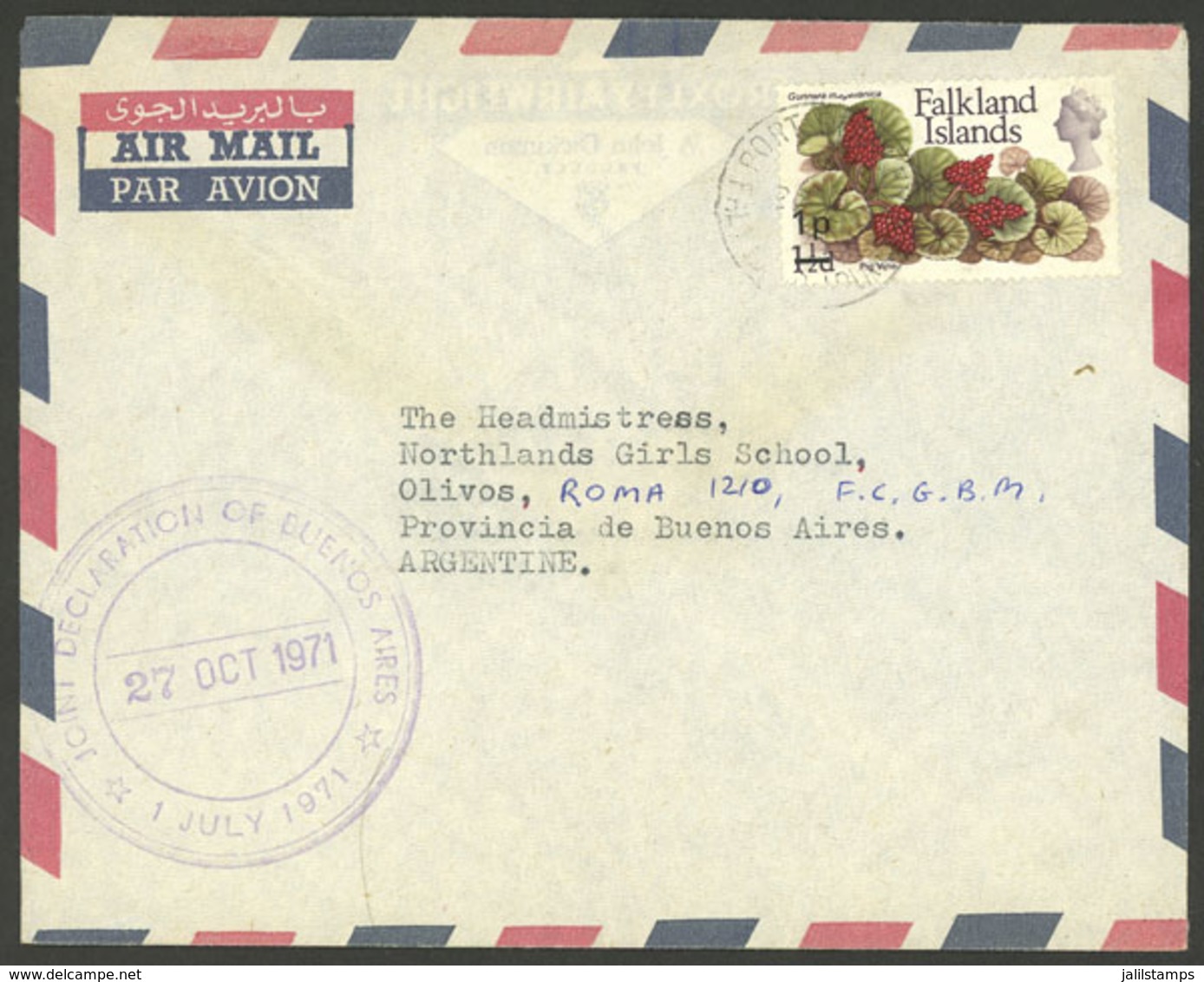 FALKLAND ISLANDS/MALVINAS: Airmail Cover Sent From Port Stanley To Olivos (Buenos Aires) On 27/OC/1971 Franked With 1p., - Falklandinseln