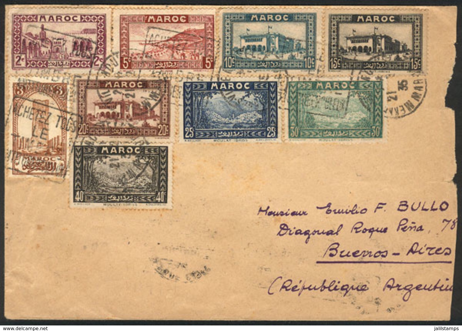 MOROCCO: Cover Sent To Buenos Aires On 21/FE/1935, With Very Nice Multicolor Postage (9 Different Stamps), Rare Destinat - Marruecos (1956-...)