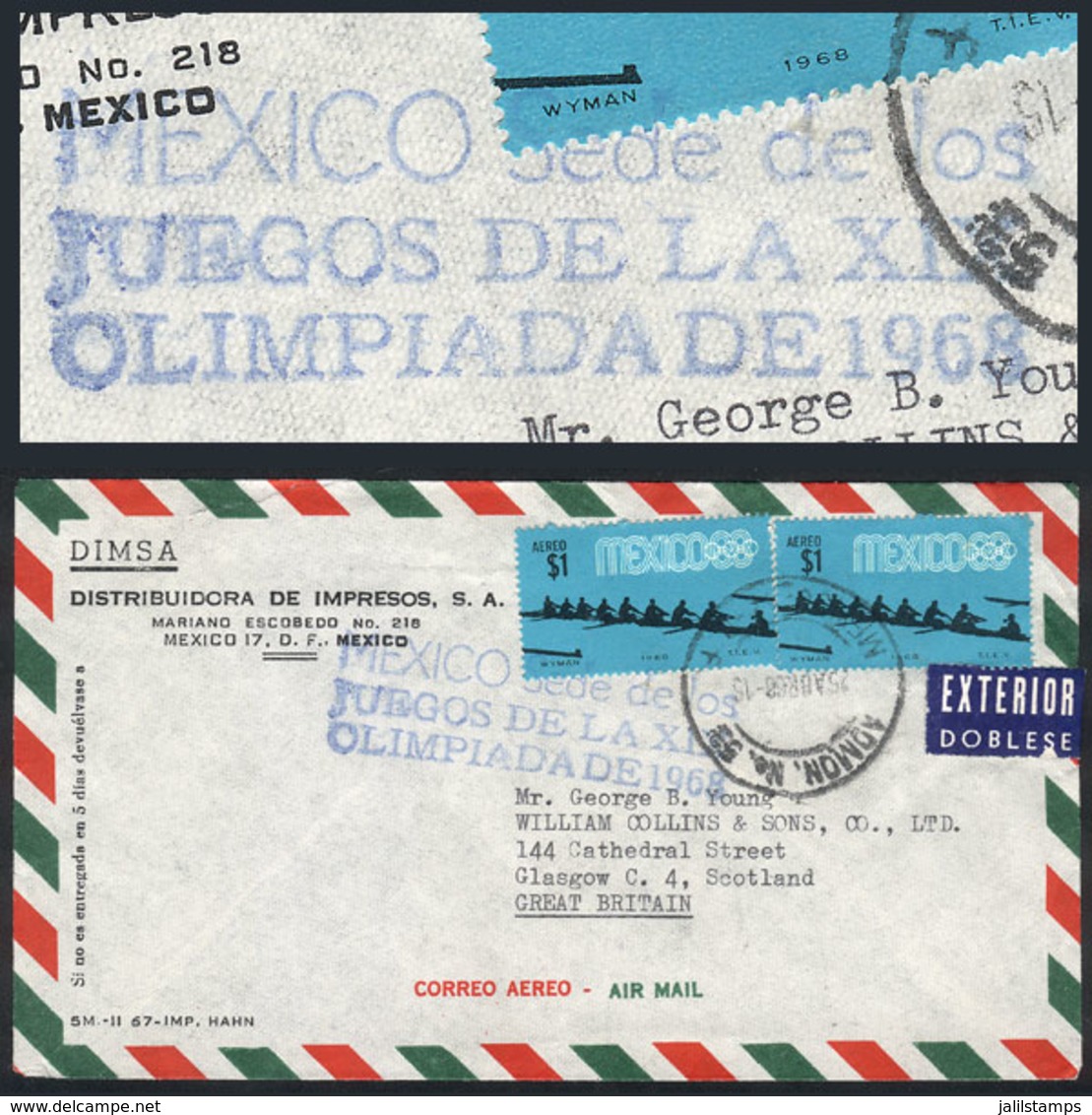 MEXICO: 25/AP/1968 Mexico DF - Great Britain, Airmail Cover With Blue Handstamp "MEXICO SEDE DE LOS JUEGOS DE LA XIX OLI - Mexico