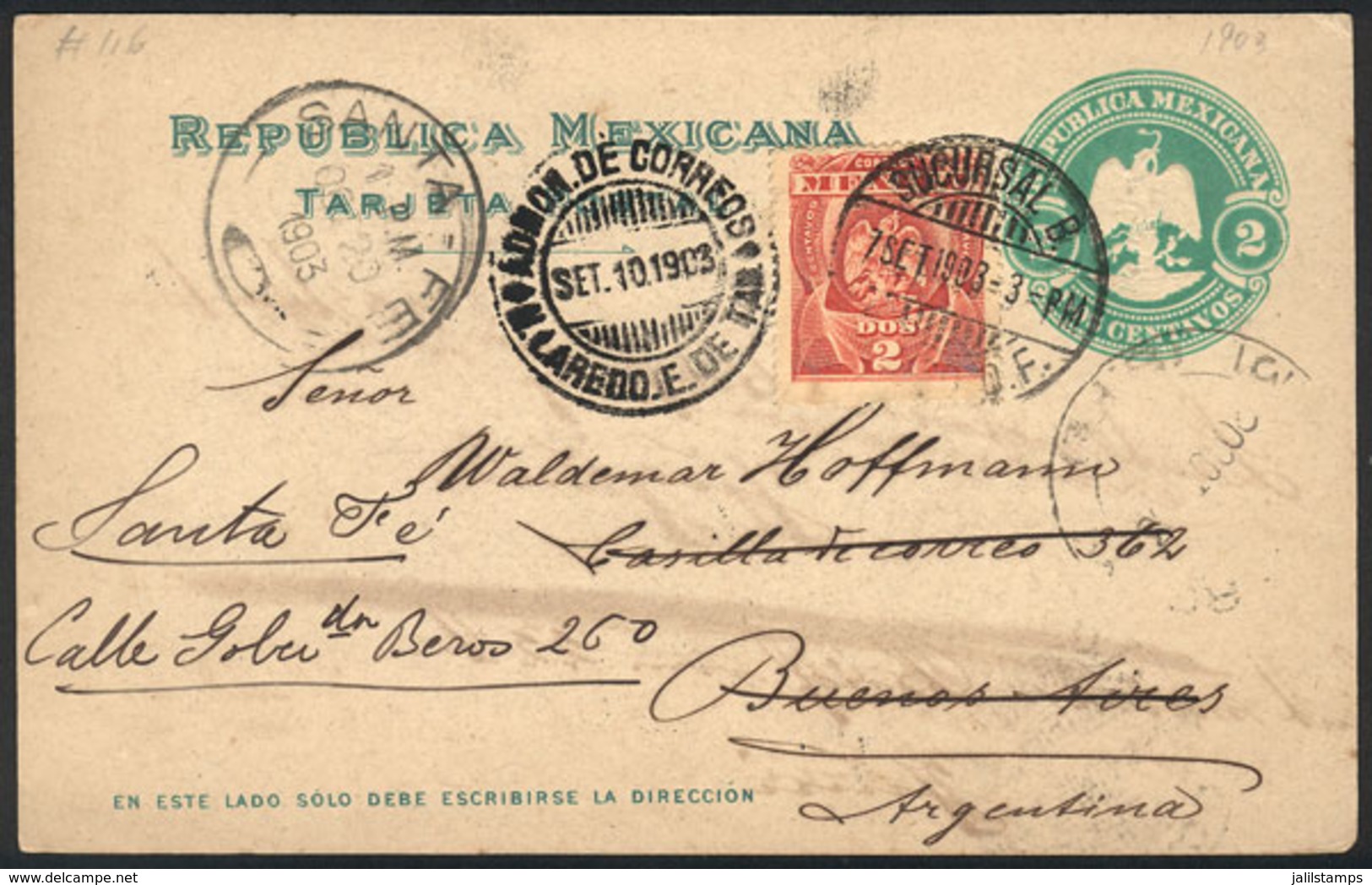 MEXICO: 2c. Postal Card Uprated With 2c., Sent To Santa Fe On 7/SE/1903, VF Quality! - México
