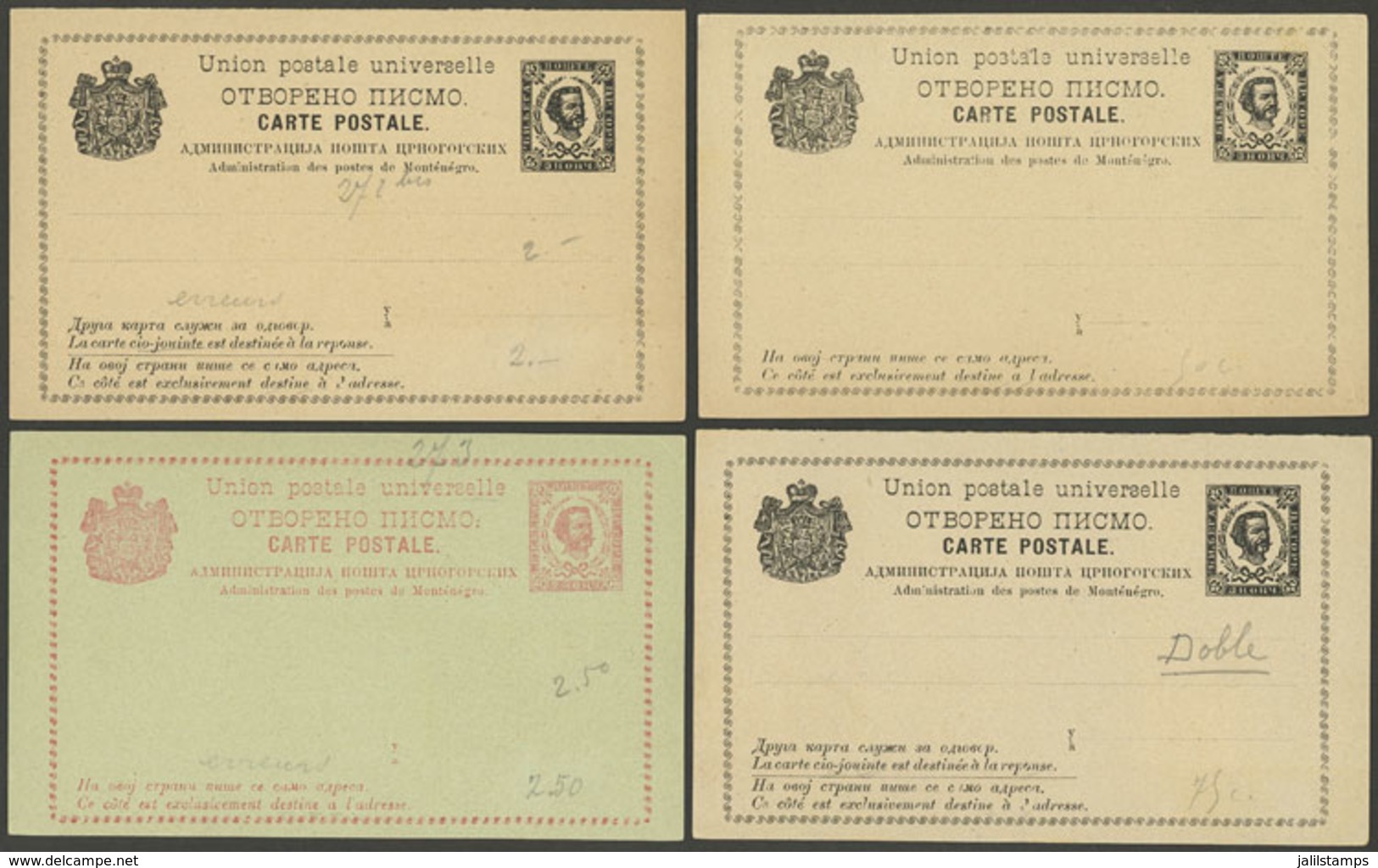 MONTENEGRO: 4 Old Unused Postal Cards, 2 Are Double (with Reply Paid), VF Quality! - Montenegro