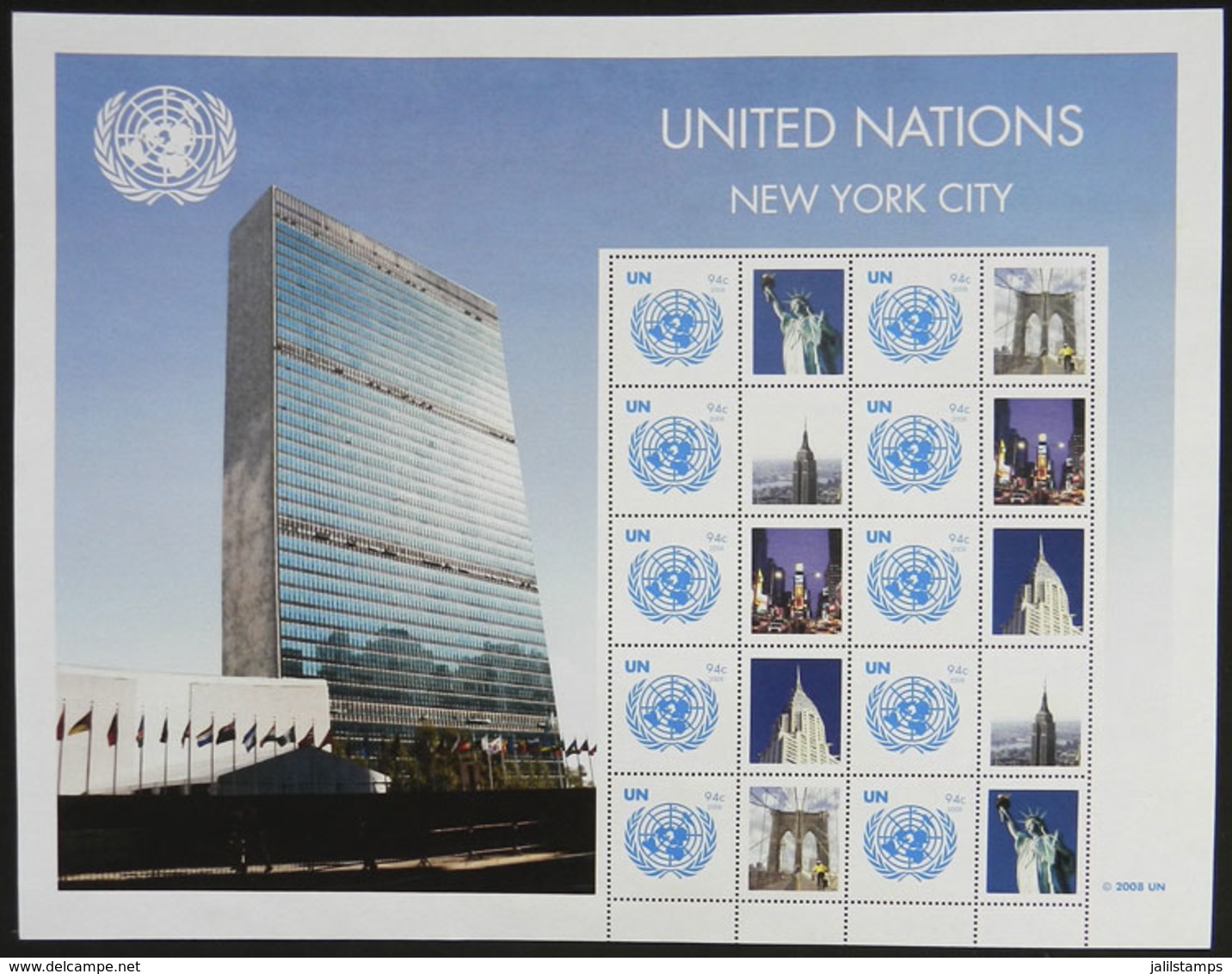 UNITED NATIONS: Yvert 1074, 2008 94c. In Large Sheet Of 10 Stamps + 10 Cinderellas Showing New York Landmarks, MNH, Exce - VN