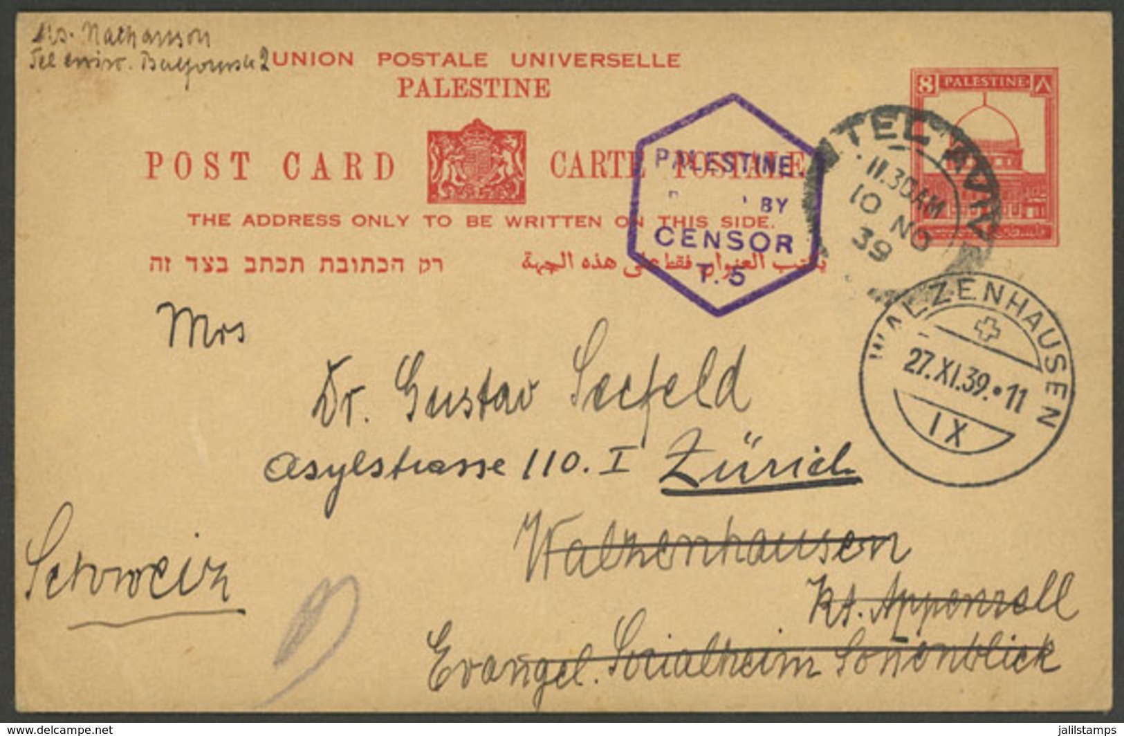 PALESTINE: Postal Card Sent From Tel Aviv To Switzerland On 10/NO/1939, Censored, Very Nice! - Palestina