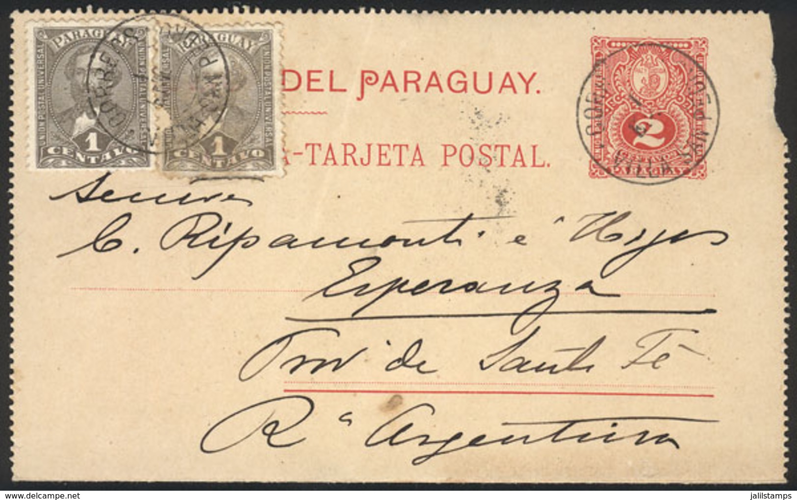 PARAGUAY: 2c. Lettercard Uprated With  2c. X2 (1 With Defect), Sent From VILLA SAN PEDRO To Santa Fe (Argentina) On 1/JA - Paraguay