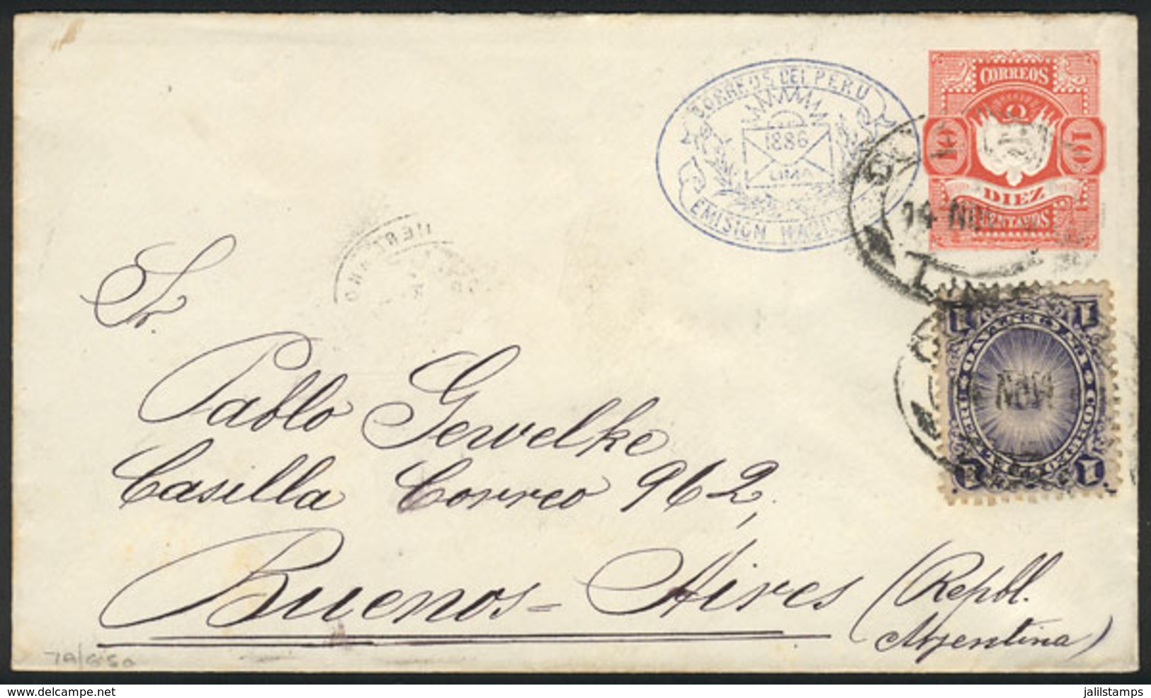 PERU: 10c. Stationery Envelope Uprated With 1c., Sent From Lima To Buenos Aires On 14/NO/1891, VF Quality, Rare! - Peru