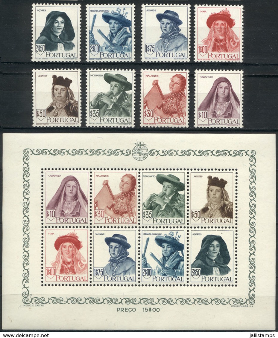 PORTUGAL: Sc.675/682 + 682a, 1947 Traditional Hats, Complete Set Of 8 Values + Souvenir Sheet, Unmounted, VF Quality, Ca - Andere & Zonder Classificatie