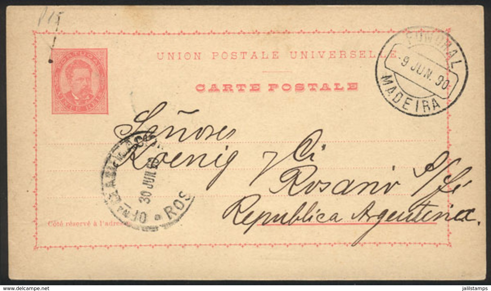 PORTUGAL - MADEIRA: 20rs. Postal Card Sent From FUNCHAL To Rosario (Argentina) On 9/JUN/1890, VF Quality, Rare Destinati - Altri & Non Classificati