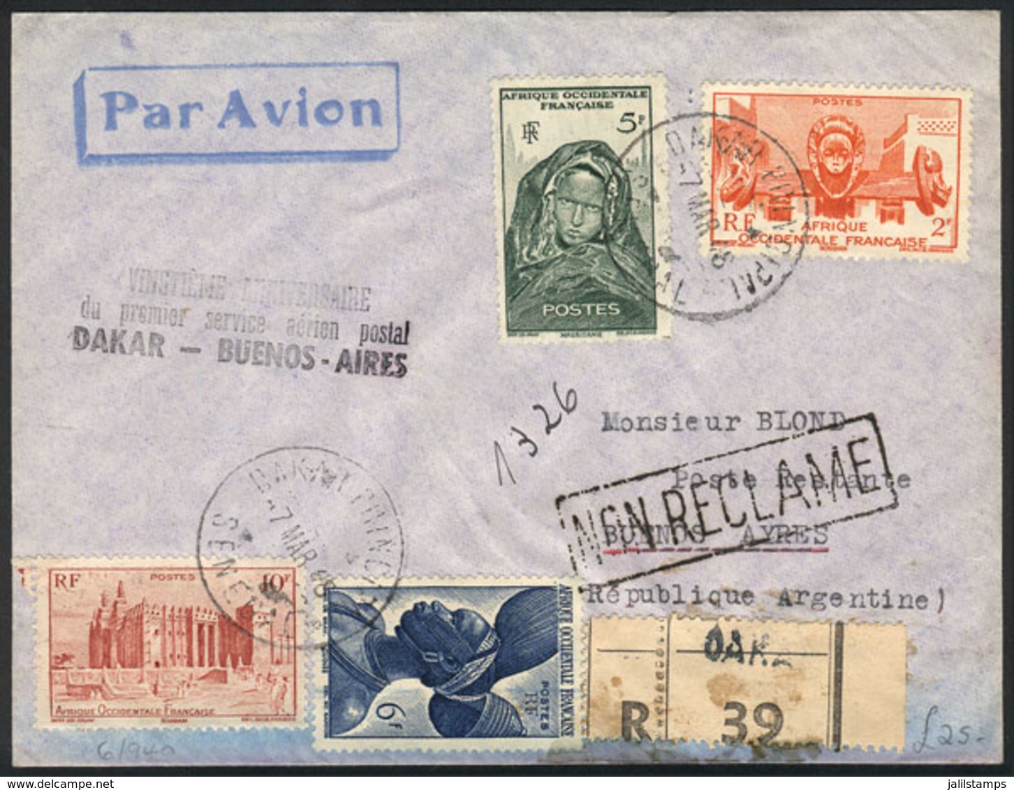 SENEGAL: 7/MAR/1948 Dakar - Buenos Aires: Registered Cover With Special Handstamp Commemorating The 20th Anniversary Of  - Senegal (1960-...)