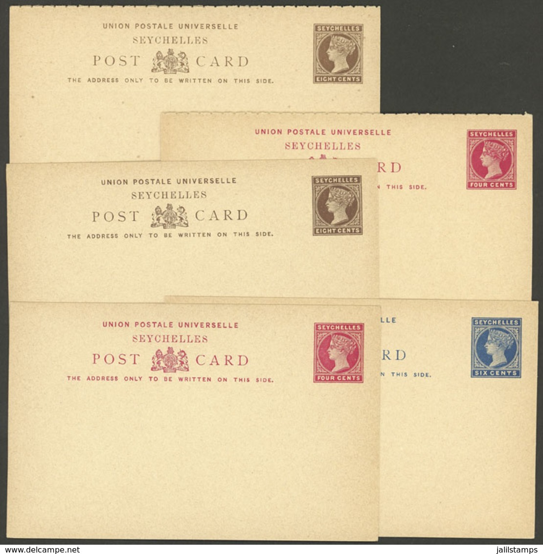 SEYCHELLES: 5 Old Postal Stationeries, All Different, 2 Cards Are Double (with Paid Reply), Excellent Quality! - Seychelles (1976-...)