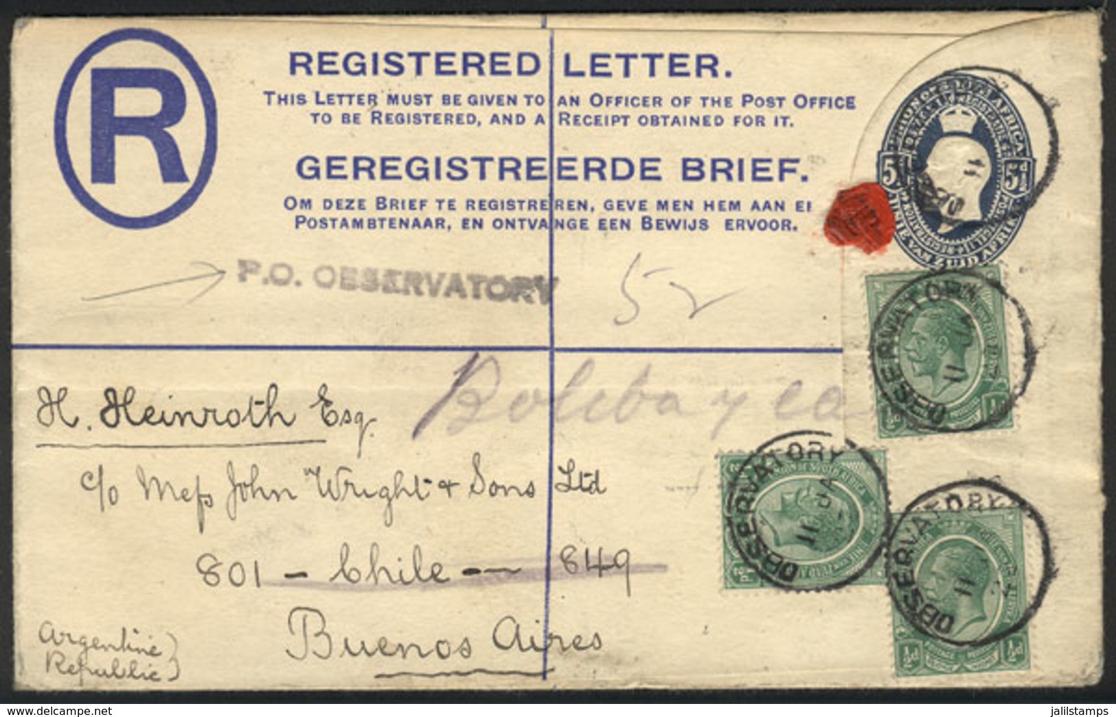 SOUTH AFRICA: Registered Cover Sent From OBSERVATORY To Buenos Aires On 11/JA/1922, VF Quality, Unusual Destination! - Altri & Non Classificati