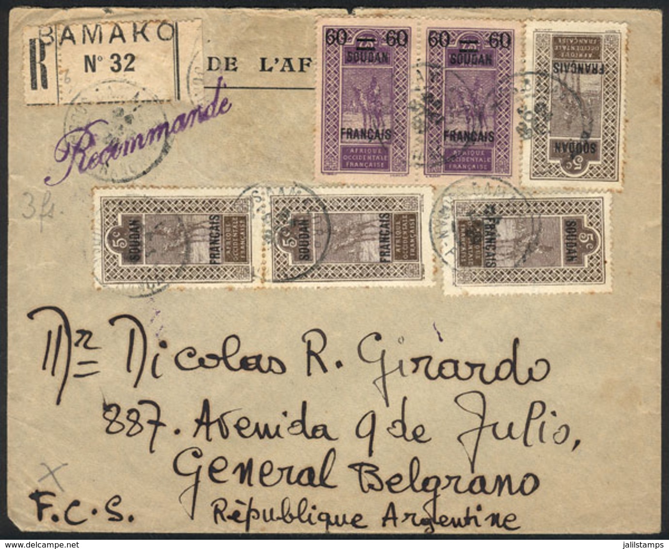 FRENCH SUDAN: Registered Cover Sent From Bamako To Argentina On 24/AU/1925 With Nice Postage Of 1.40Fr., VF Quality, Ext - Sonstige & Ohne Zuordnung