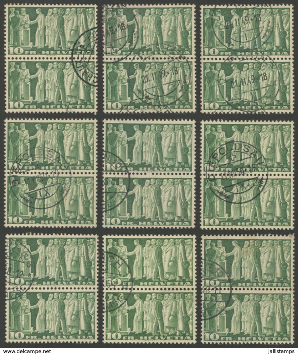 SWITZERLAND: Sc.305, 1945 Pax 10Fr., 18 Used Examples In Pairs, Almost All Of Fine To VF Quality (4 Or 5 Stamps With Min - Other & Unclassified