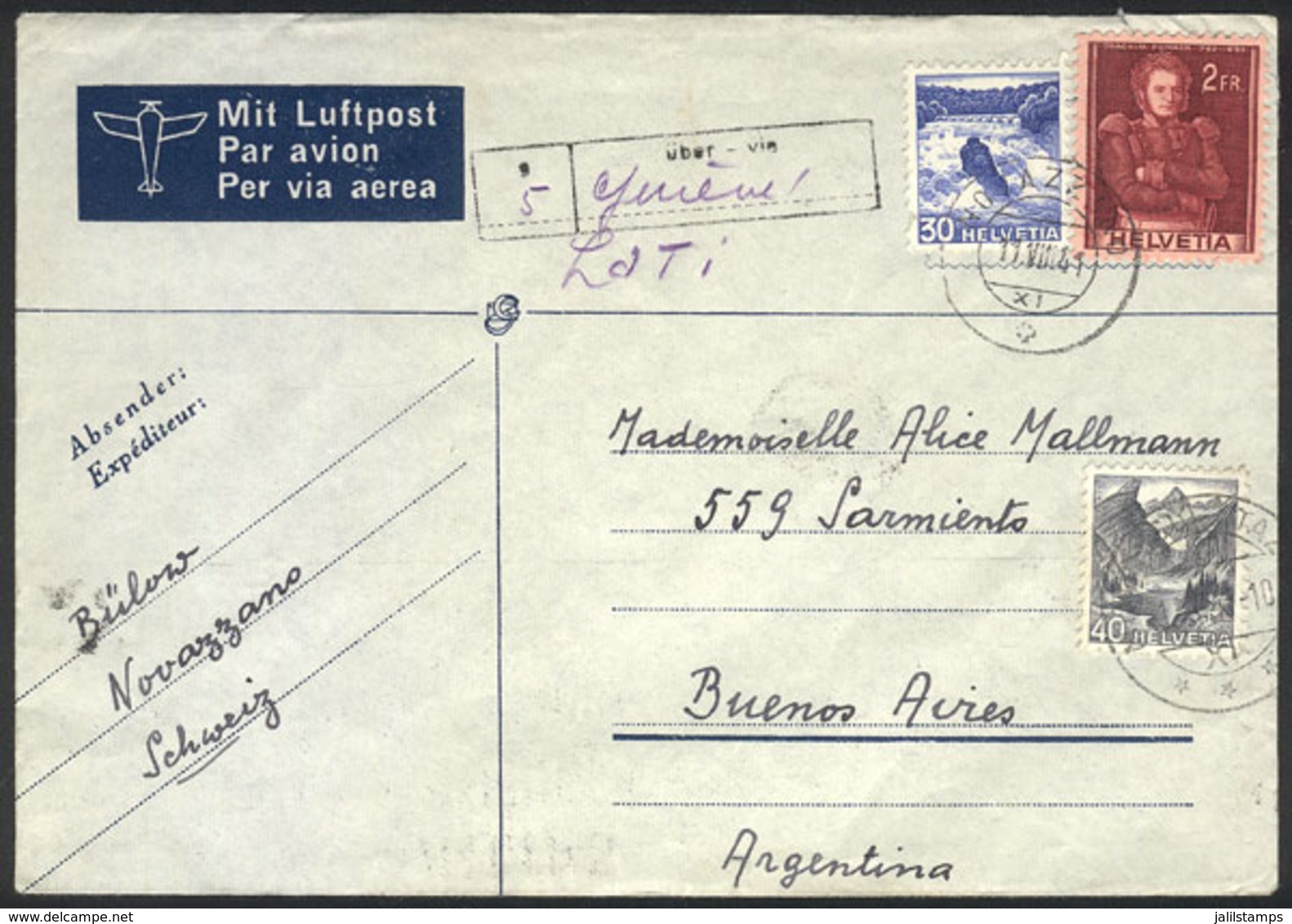 SWITZERLAND: Airmail Cover Sent From NOVAZZANO To Buenos Aires On 11/AU/1941 Franked With 2.70Fr., With LISBOA Transit B - Otros & Sin Clasificación