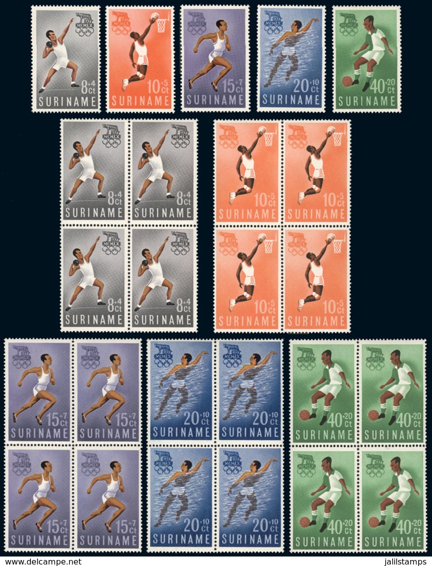 SURINAME: Yvert 336/40, 1960 Roma Olympic Games, Cpl. Set Of 5 Values In Blocks Of 4 And Singles, Excellent Quality, Cat - Surinam