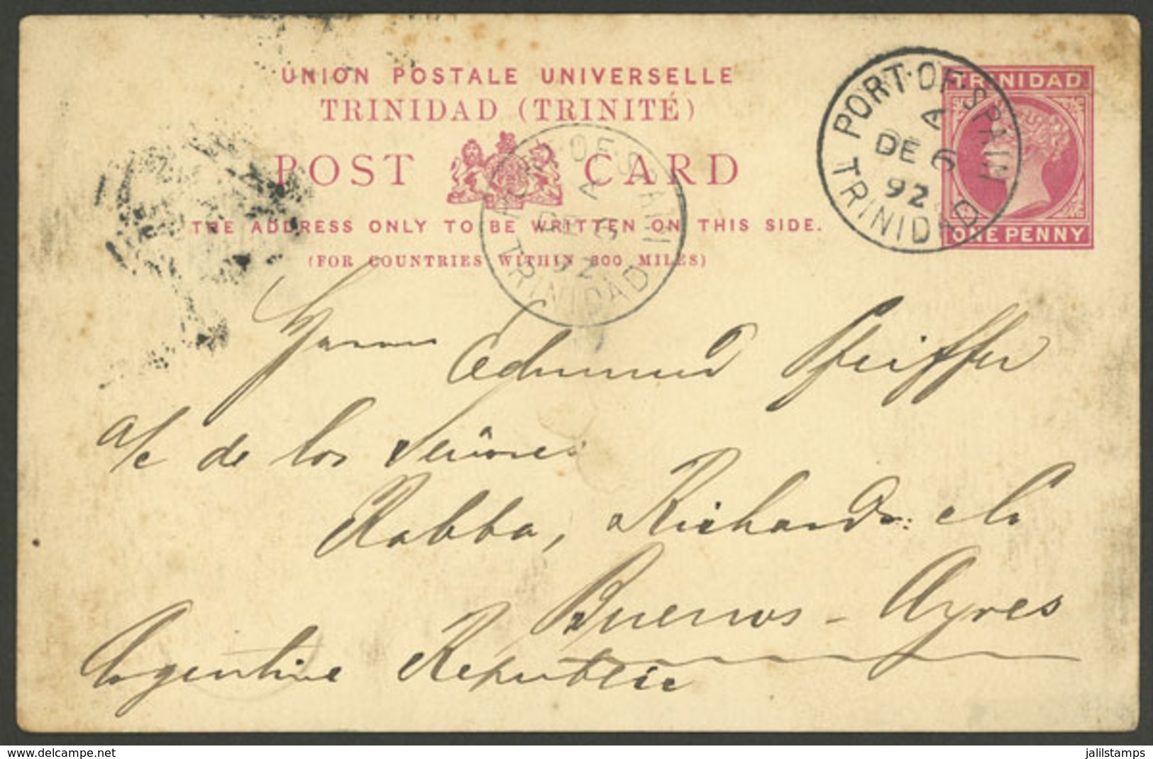 TRINIDAD: 1p. Postal Card From Port Of Spain To Argentina On 6/DE/1892, With Defects, Rare Destination! - Trinidad Y Tobago