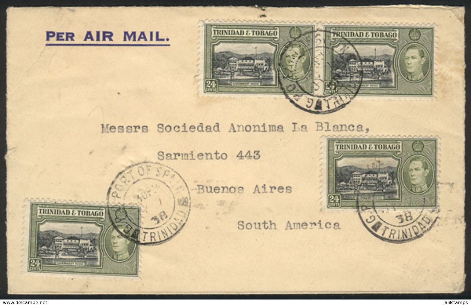 TRINIDAD & TOBAGO: Airmail Cover Sent From Port Of Spain To Buenos Aires On 7/JUL/1938 Franked With 96c., VF Quality! - Trindad & Tobago (...-1961)