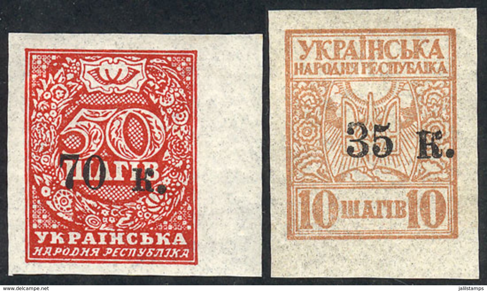 UKRAINE: Sc.49/50, 1919 Complete Set Of 2 Overprinted Values, Excellent Quality, With Guarantee Marks Of Stollow. - Ucrania