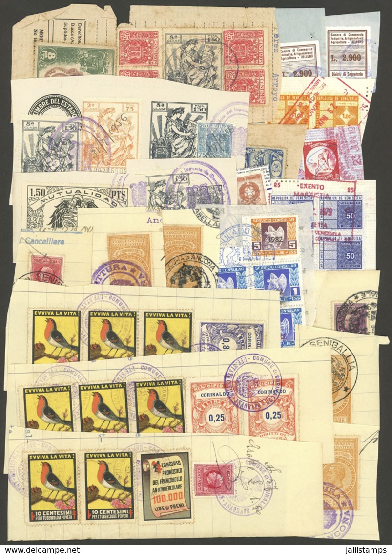 WORLDWIDE: Over 95 Revenue Stamps Of Varied Countries (mainly Of Italy And Spain), On Fragments Of Documents, Very Inter - Altri & Non Classificati