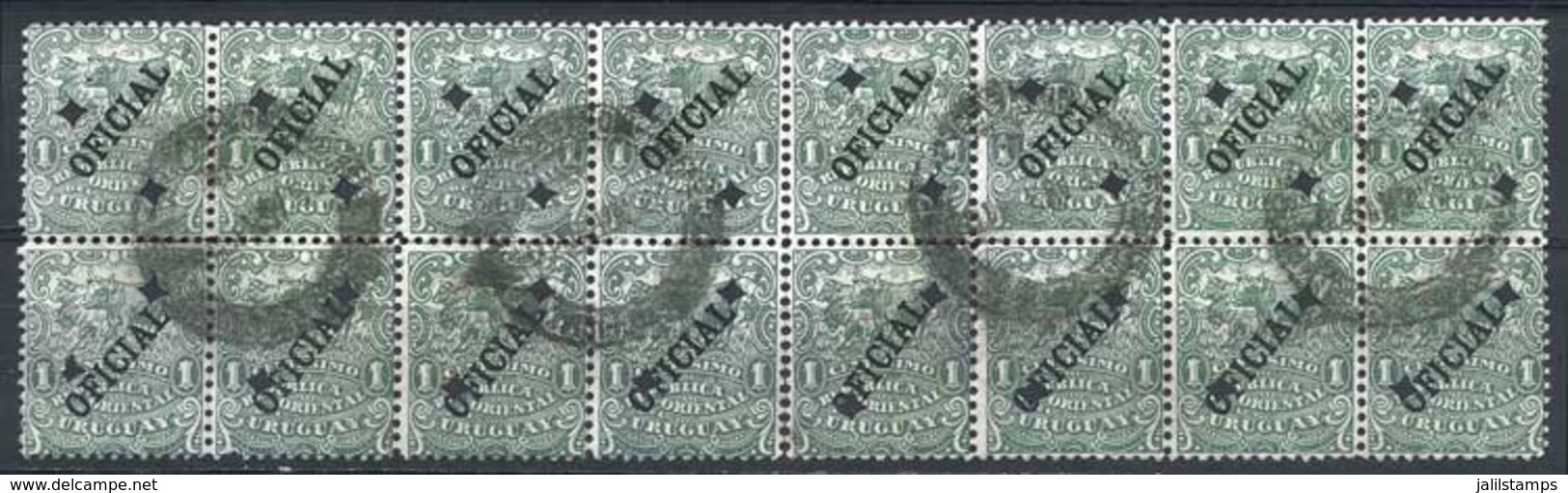 URUGUAY: Year 1907, 1c. Green, Large Block Of 16 Examples, Used And With Diamond-shapped Punch Holes, VF Quality, Rare! - Uruguay