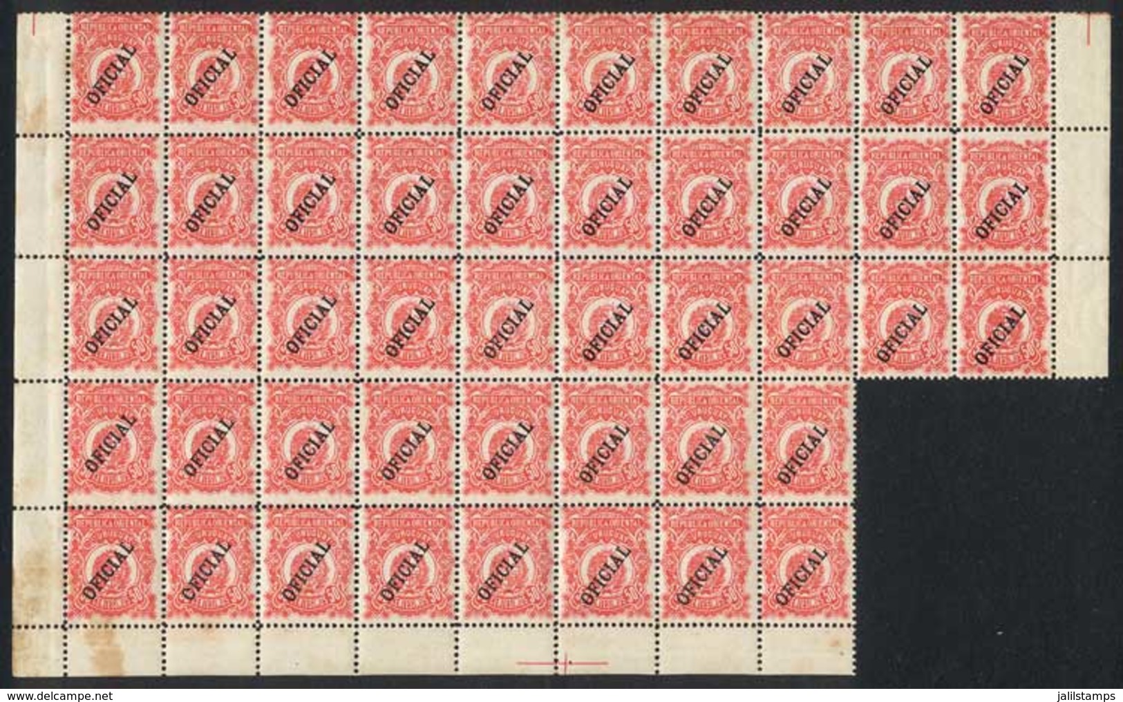 URUGUAY: Issue Of 1907, 50c. Rose, Beautiful BLOCK OF 46, Unmounted (with Stain Points On Gum), Very Nice! - Uruguay