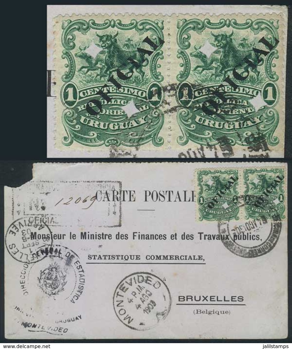 URUGUAY: Card Sent To Belgium On 4/AU/1903, Franked By Pair Sc.O84 With Two Diamond Punch Holes, With The Rare First Mar - Uruguay