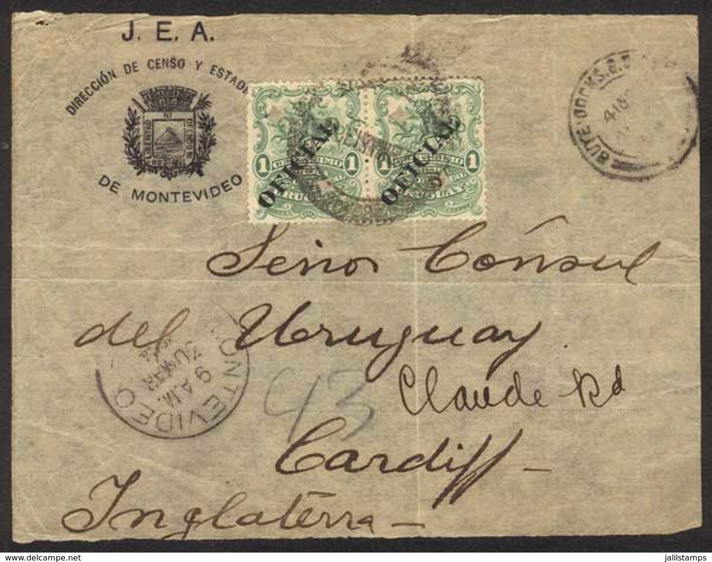 URUGUAY: Front Of Cover Of The Office Of Census And Statistics Sent To England On 28/MAR/1904, Franked By Pair Sc.O84 Wi - Uruguay