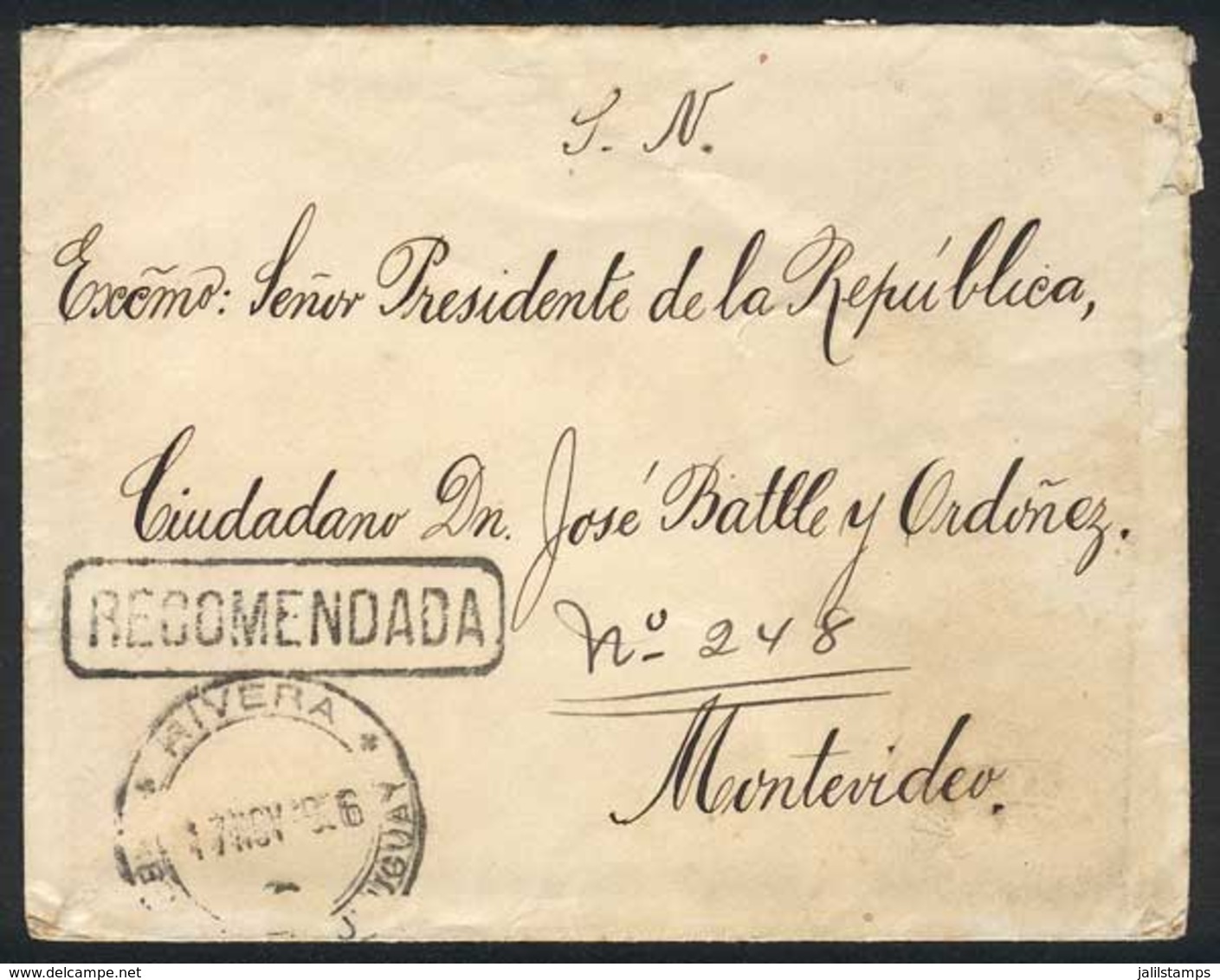 URUGUAY: Cover Of The Jefatura Política Y De Policía Of Rivera Sent By Registered Mail To President Battle Y Ordoñez On  - Uruguay