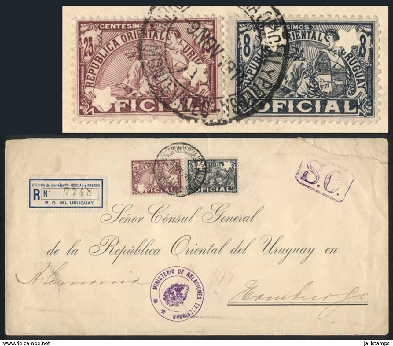 URUGUAY: Registered Cover Sent To Germany On 9/NO/1914, Franked By Sc.113 + O115, Both With Two Star Punch Holes, VF Qua - Uruguay
